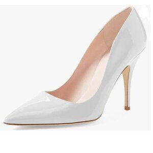 YDN White Chic Pointed Toe Mid Heel Pumps Slip on Stilettos Slide Dress Shoes